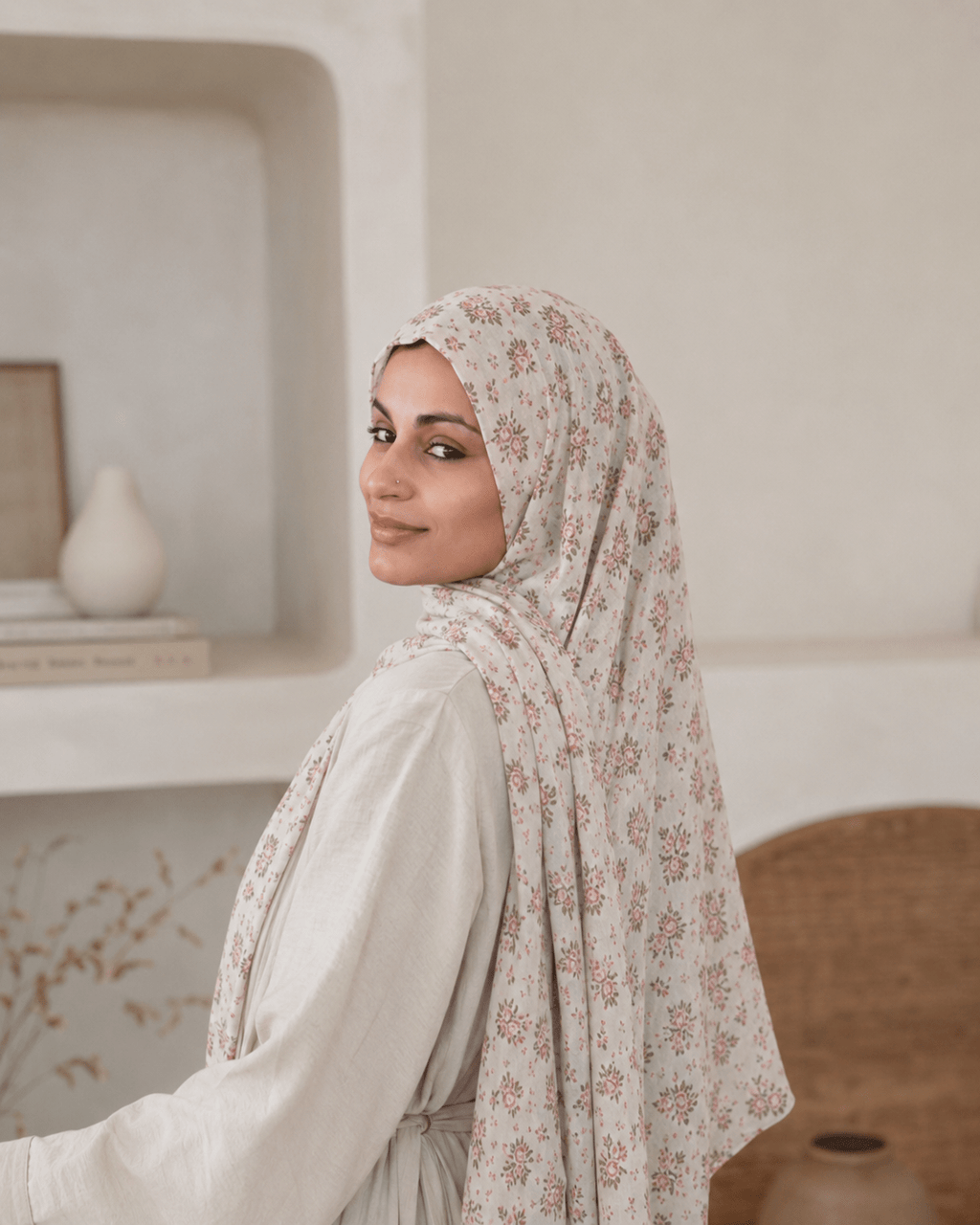 RY401 Ivory Rose Floral Printed Cotton Hijab – Soft Lightweight Scarf - Raya