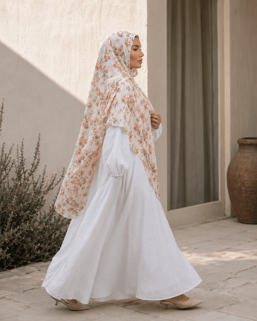 RY402 Ivory Wildflower Printed Cotton Hijab – Lightweight Floral Scarf - Raya