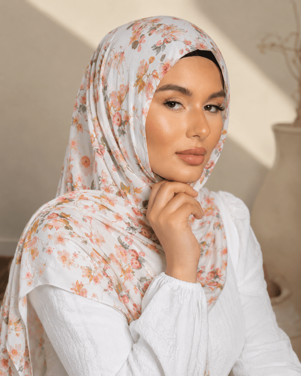 RY402 Ivory Wildflower Printed Cotton Hijab – Lightweight Floral Scarf - Raya