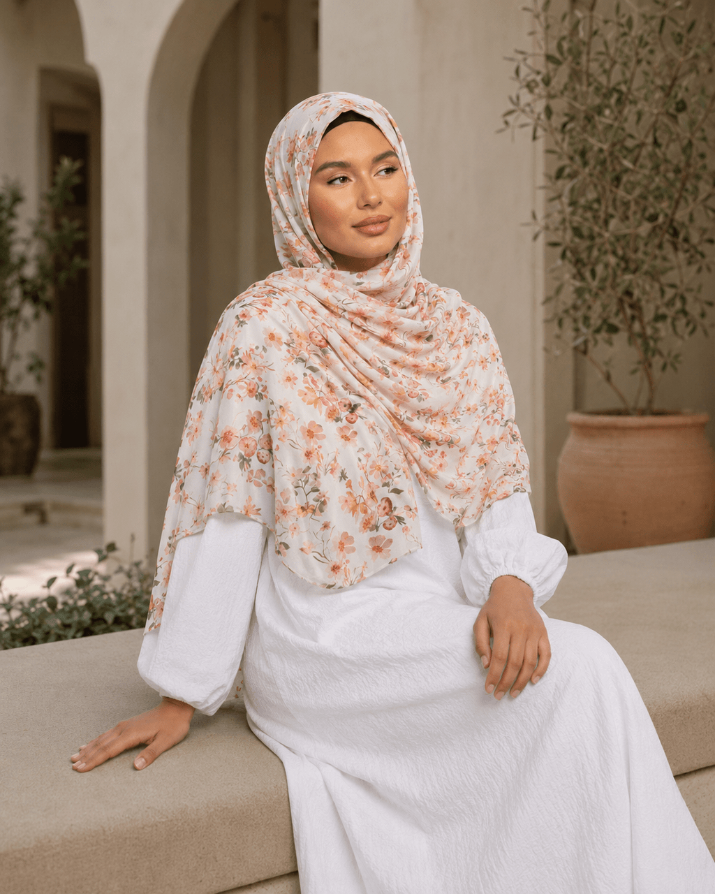 RY402 Ivory Wildflower Printed Cotton Hijab – Lightweight Floral Scarf - Raya