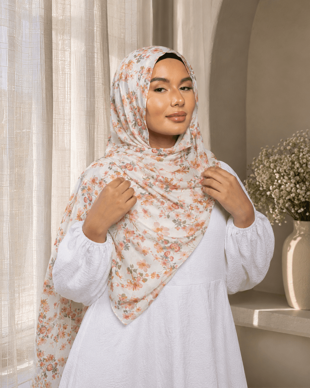 RY402 Ivory Wildflower Printed Cotton Hijab – Lightweight Floral Scarf - Raya