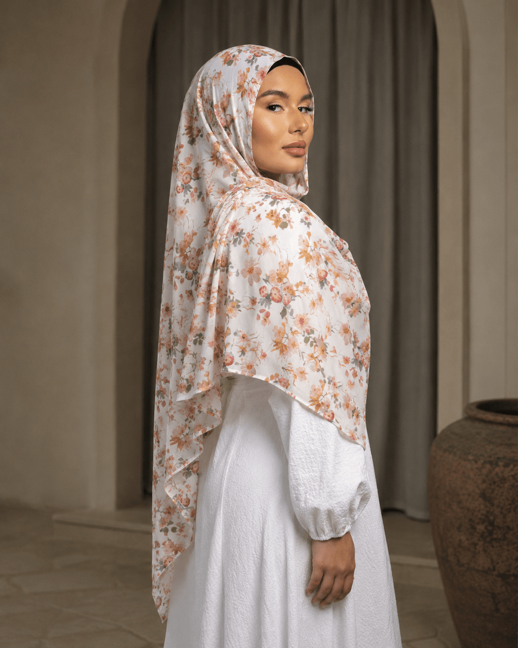 RY402 Ivory Wildflower Printed Cotton Hijab – Lightweight Floral Scarf - Raya