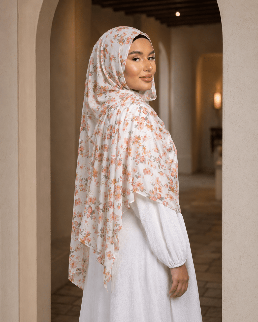 RY402 Ivory Wildflower Printed Cotton Hijab – Lightweight Floral Scarf - Raya