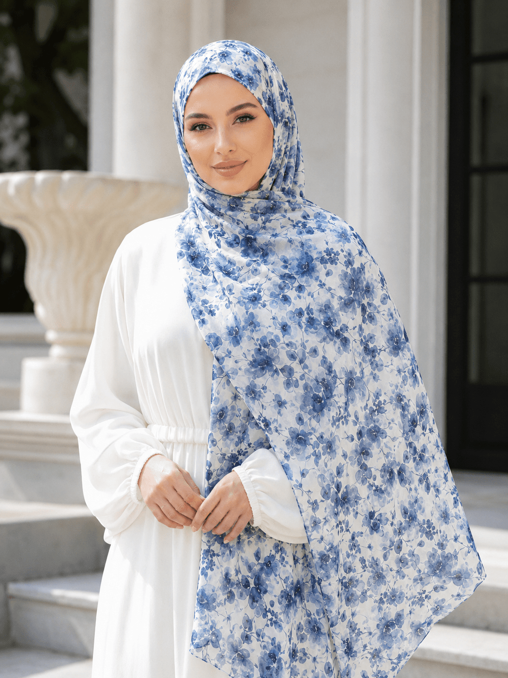 RY403 Blue Watercolor Floral Printed Cotton Hijab – Lightweight Scarf - Raya