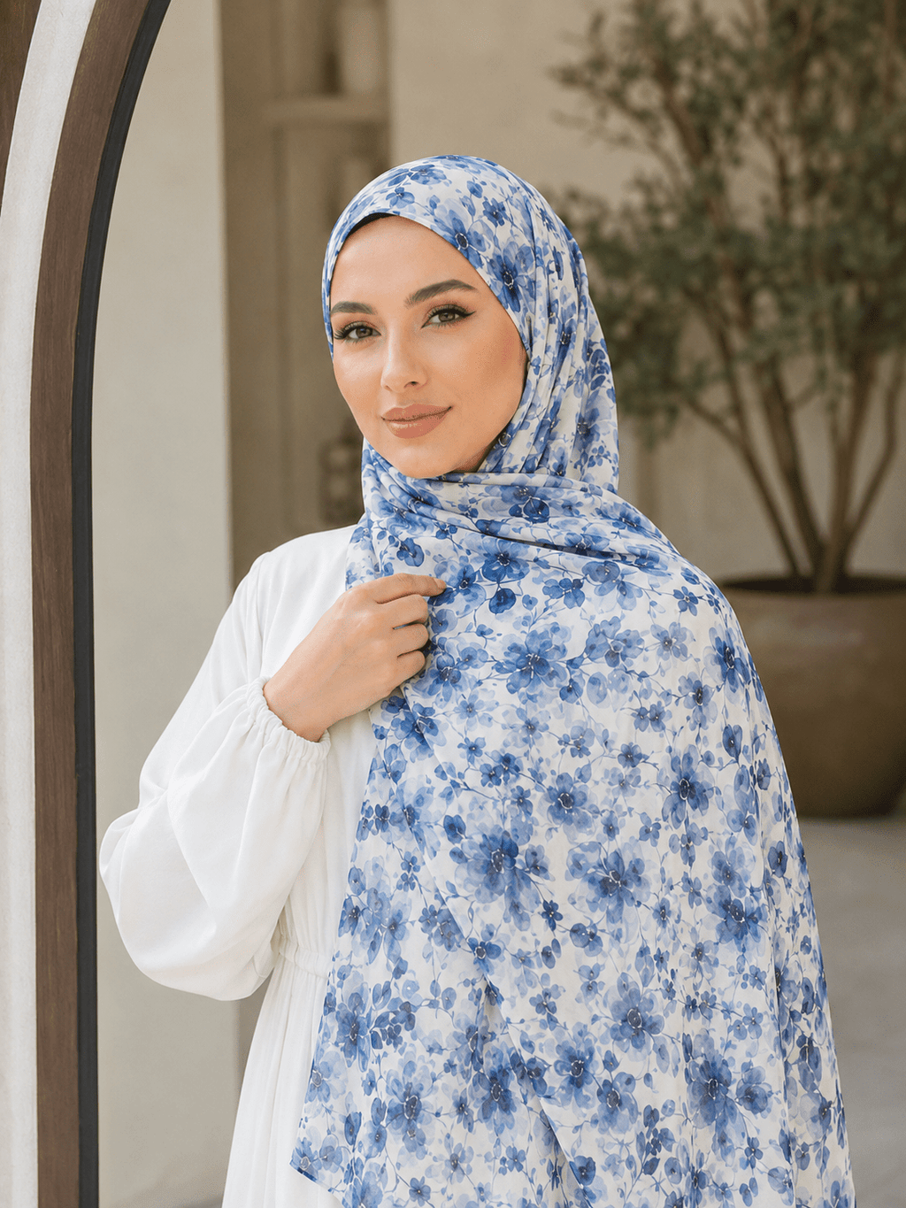 RY403 Blue Watercolor Floral Printed Cotton Hijab – Lightweight Scarf - Raya