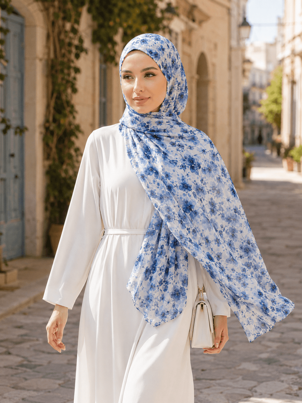 RY403 Blue Watercolor Floral Printed Cotton Hijab – Lightweight Scarf - Raya