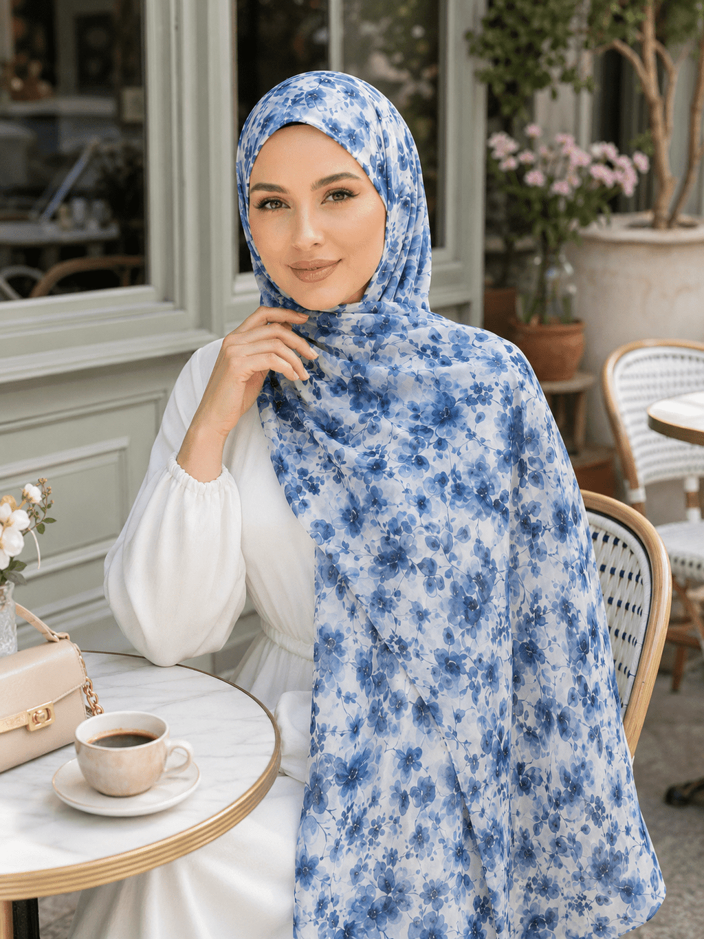 RY403 Blue Watercolor Floral Printed Cotton Hijab – Lightweight Scarf - Raya