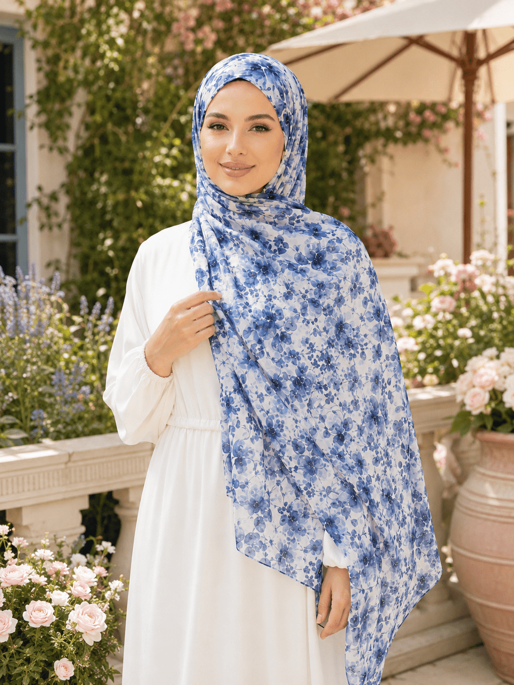 RY403 Blue Watercolor Floral Printed Cotton Hijab – Lightweight Scarf - Raya