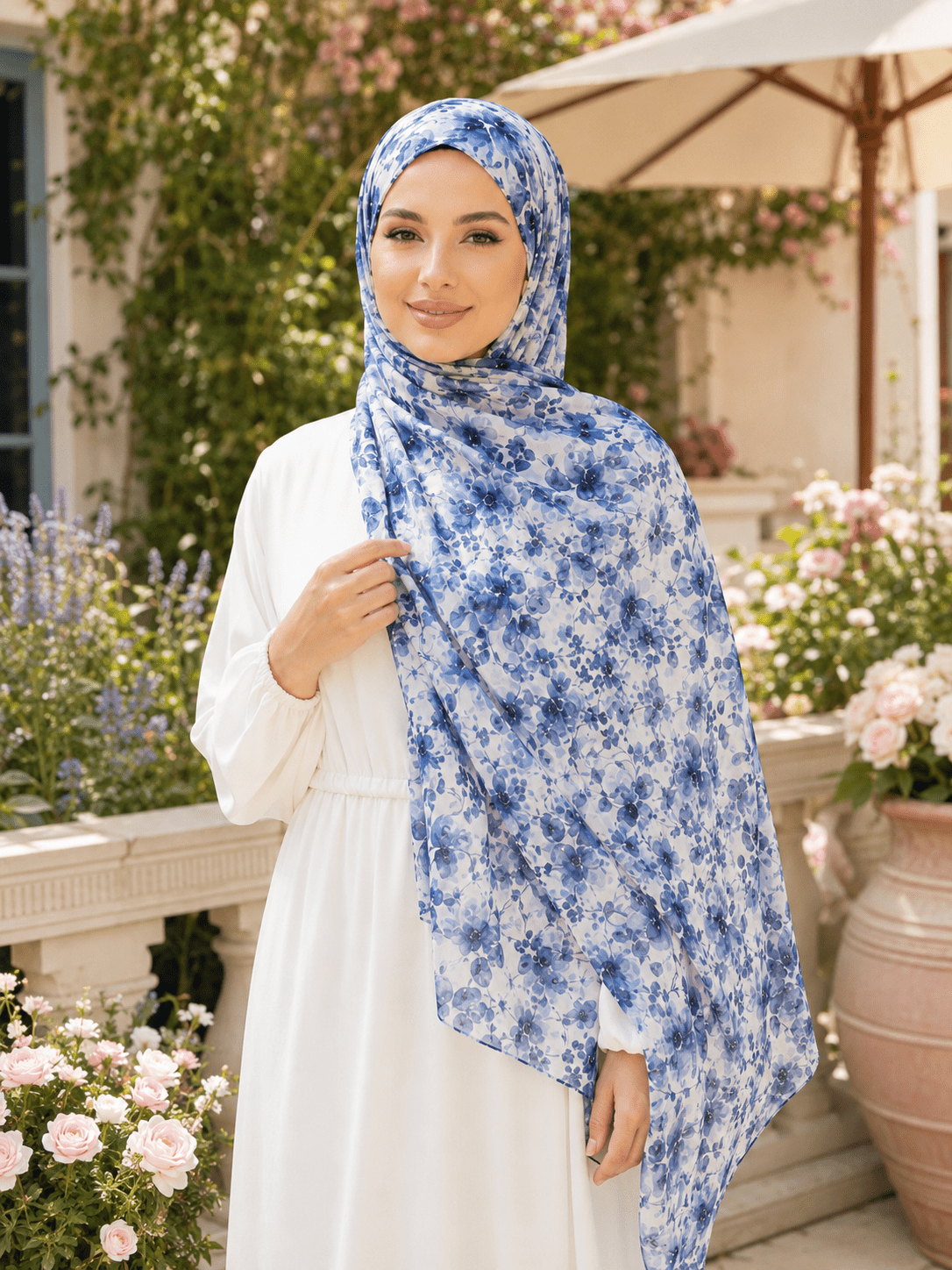 RY403 Blue Watercolor Floral Printed Cotton Hijab – Lightweight Scarf - Raya