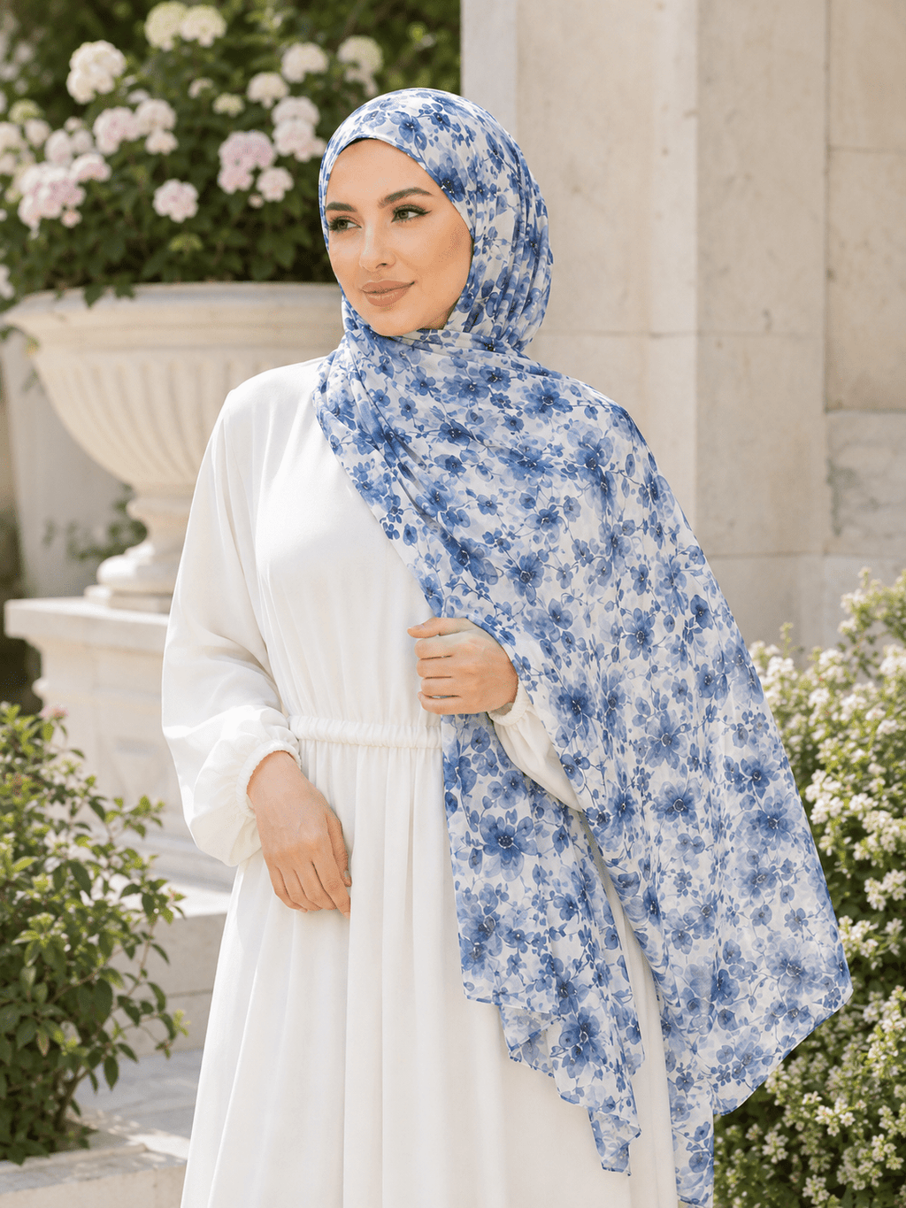 RY403 Blue Watercolor Floral Printed Cotton Hijab – Lightweight Scarf - Raya