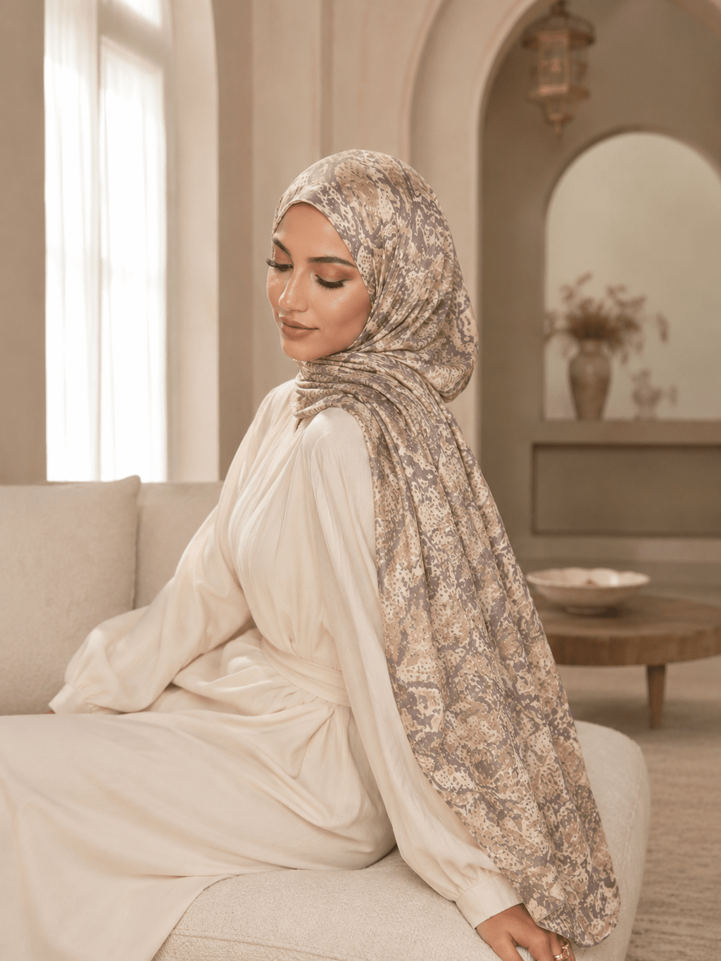 RY404 Taupe Bohemian Marble Print Mercerized Cotton Hijab – Lightweight Scarf - Raya