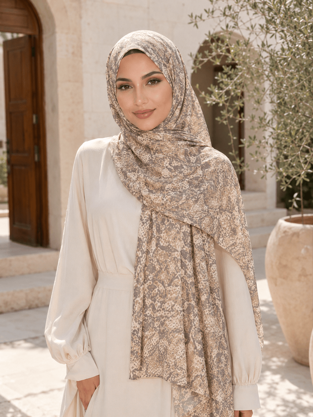 RY404 Taupe Bohemian Marble Print Mercerized Cotton Hijab – Lightweight Scarf - Raya