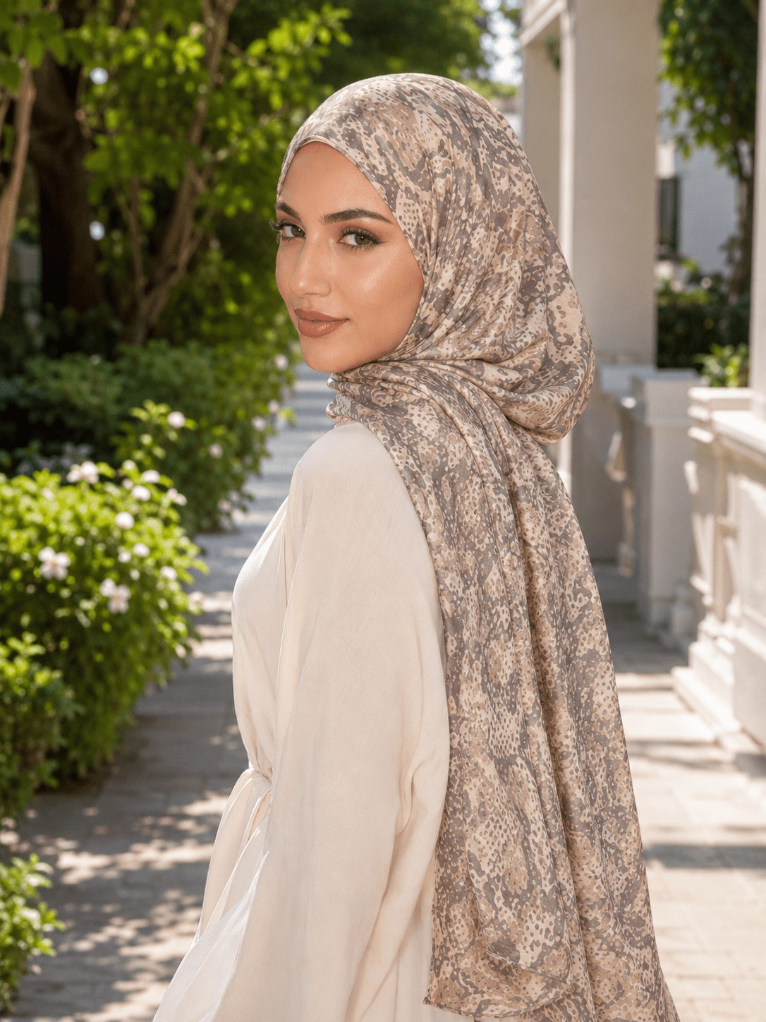 RY404 Taupe Bohemian Marble Print Mercerized Cotton Hijab – Lightweight Scarf - Raya