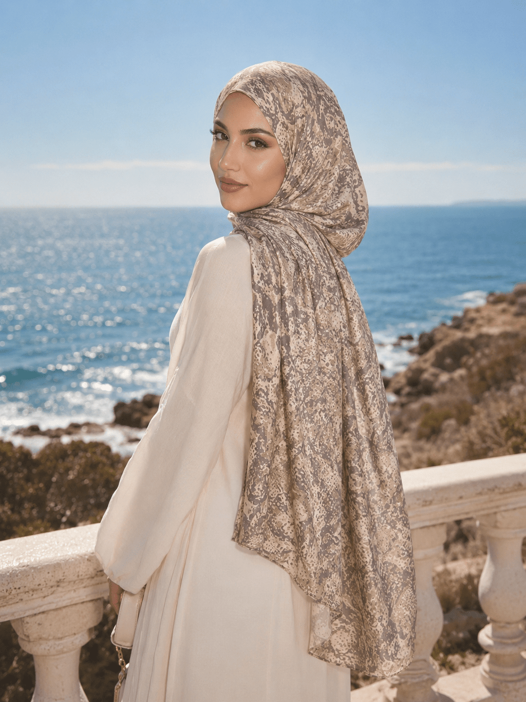 RY404 Taupe Bohemian Marble Print Mercerized Cotton Hijab – Lightweight Scarf - Raya