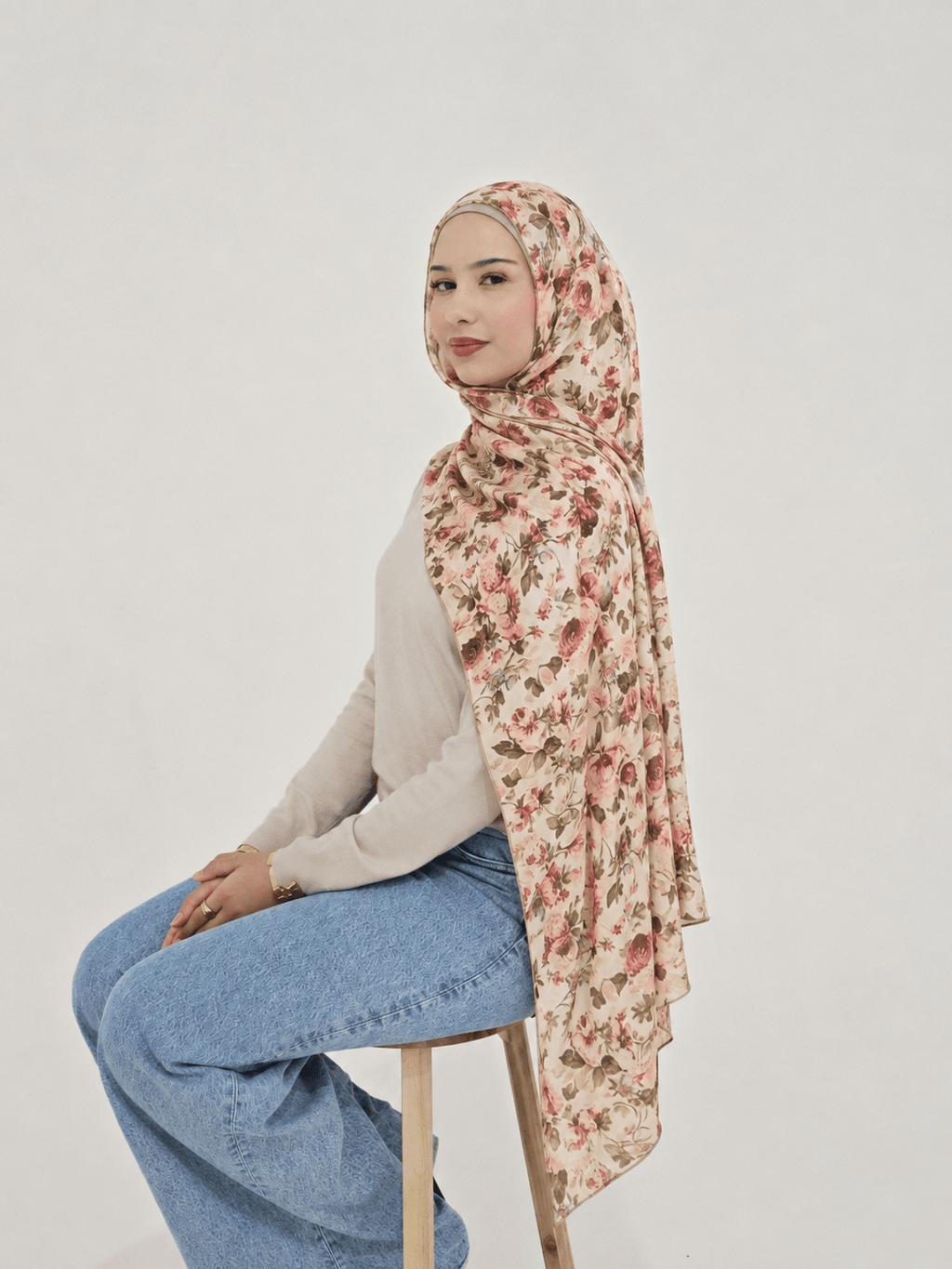 RY406 Vintage Rose Mercerized Cotton Hijab – Bohemian Floral Scarf - Raya