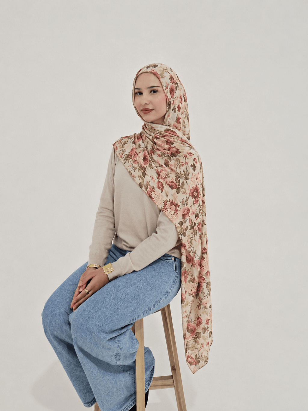 RY406 Vintage Rose Mercerized Cotton Hijab – Bohemian Floral Scarf - Raya