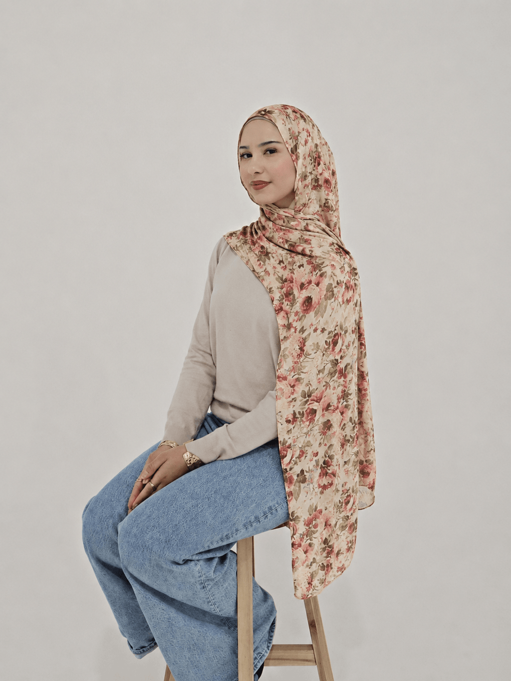 RY406 Vintage Rose Mercerized Cotton Hijab – Bohemian Floral Scarf - Raya
