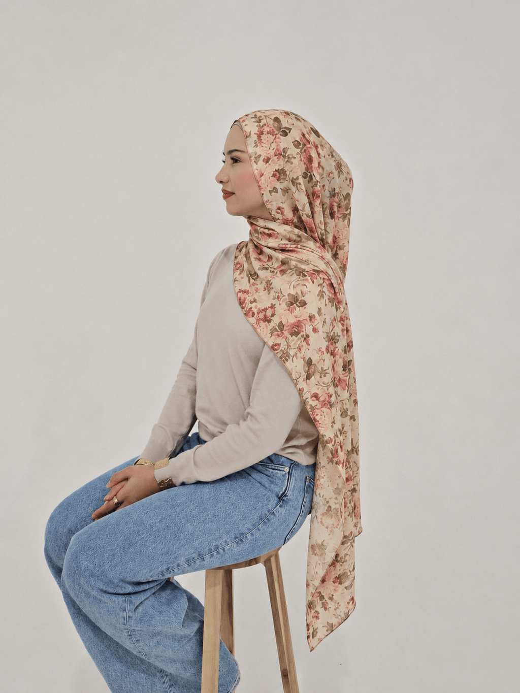 RY406 Vintage Rose Mercerized Cotton Hijab – Bohemian Floral Scarf - Raya