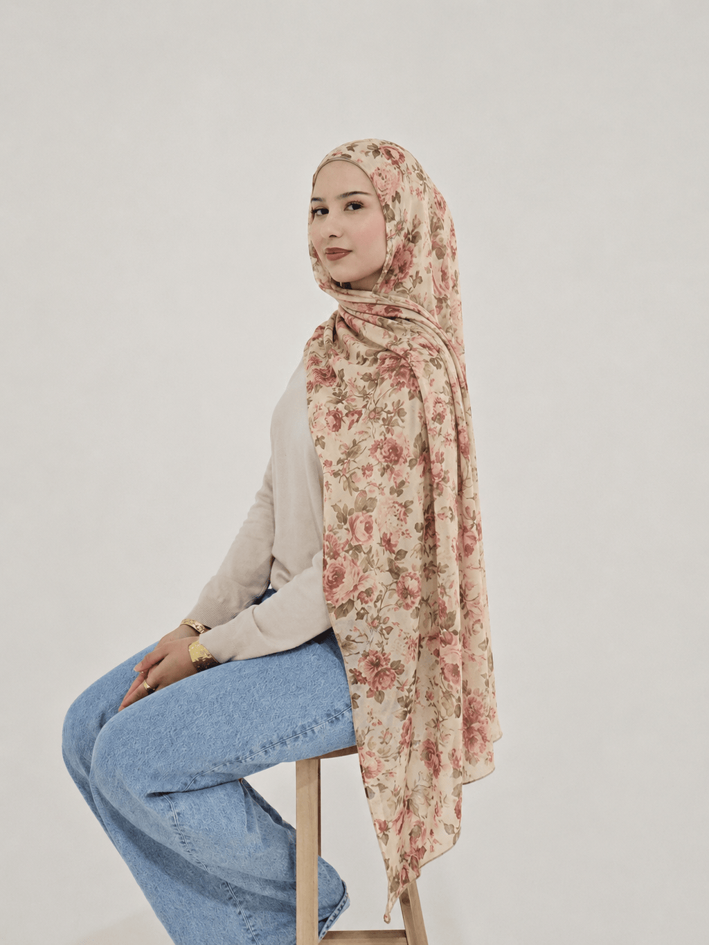 RY406 Vintage Rose Mercerized Cotton Hijab – Bohemian Floral Scarf - Raya