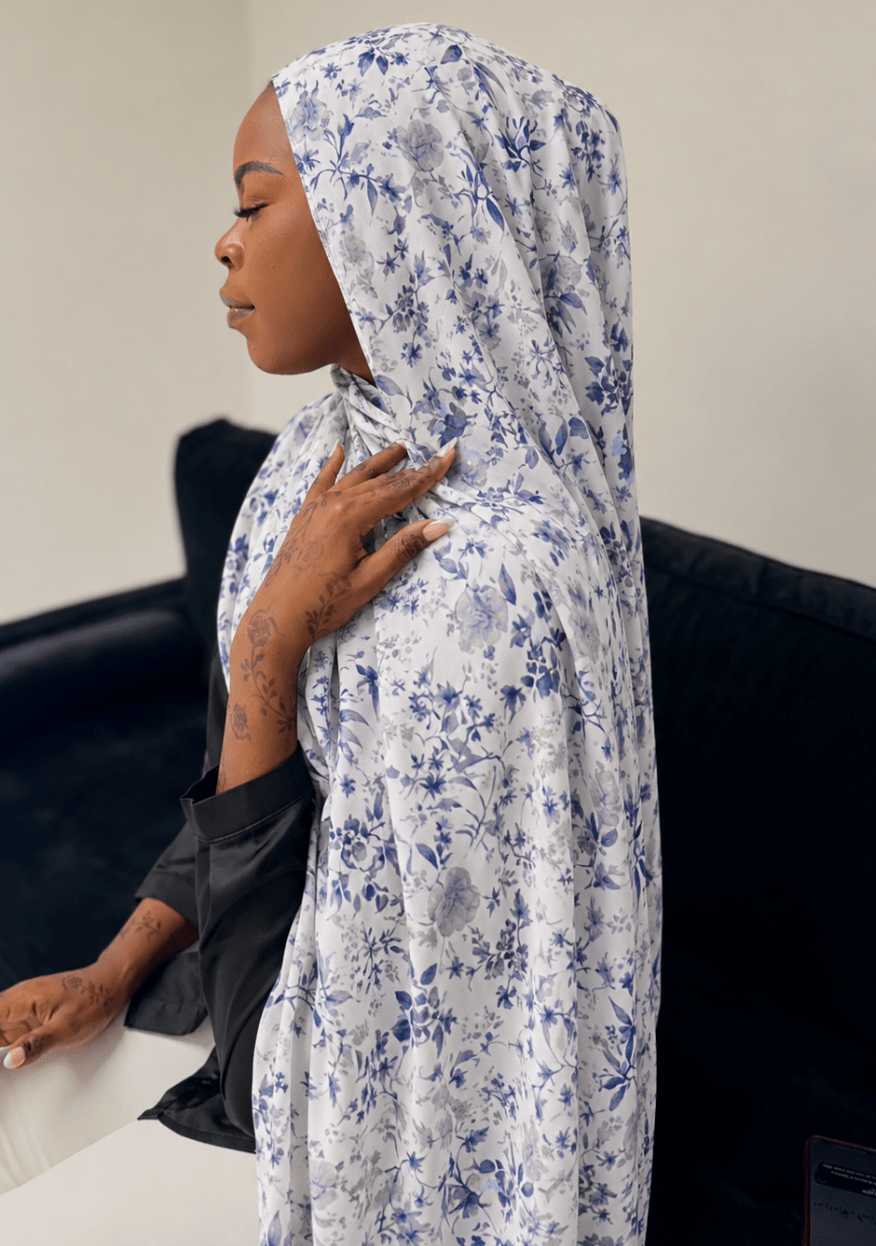 RY407 Blue Botanical Mercerized Cotton Hijab – Bohemian Lightweight Scarf - Raya