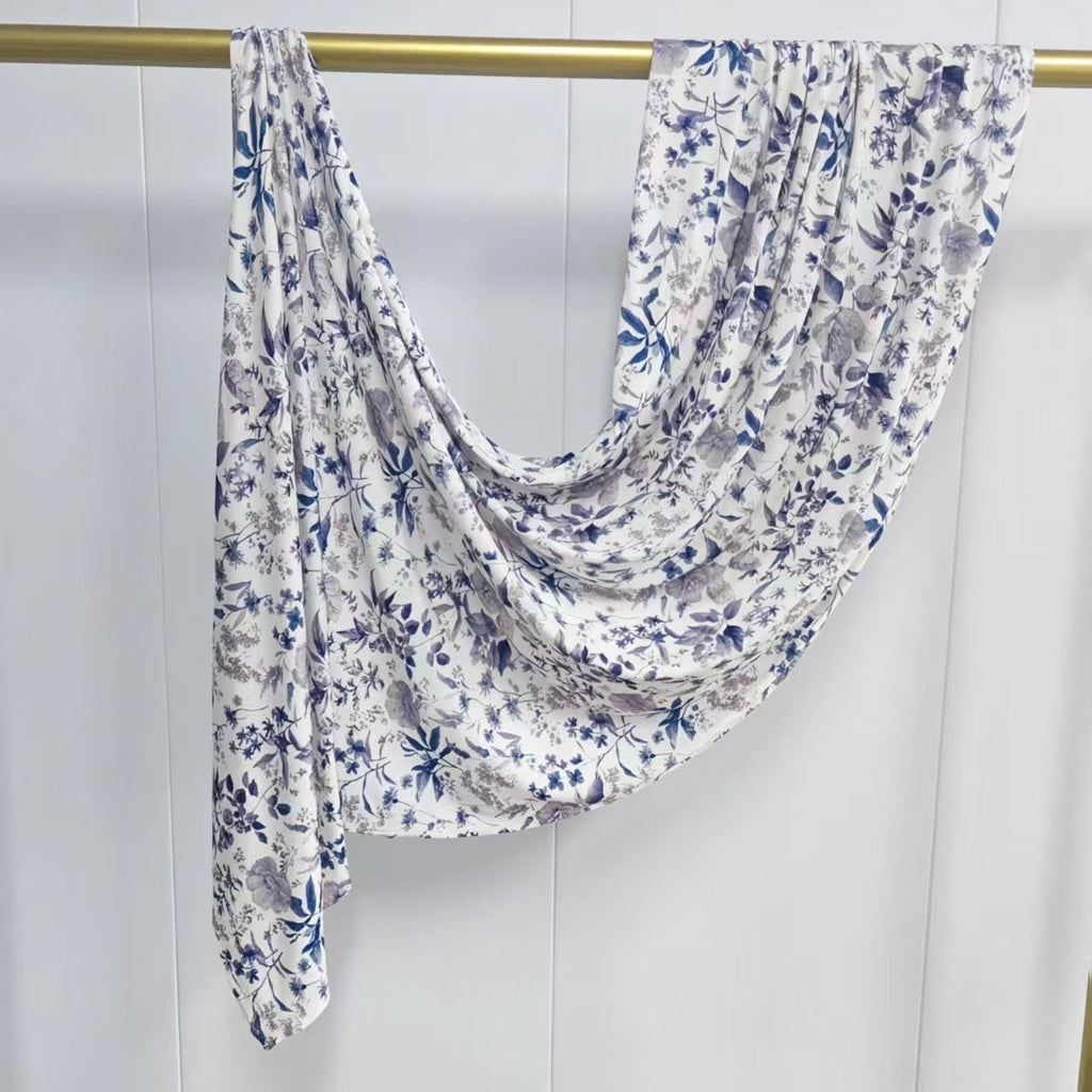 RY407 Blue Botanical Mercerized Cotton Hijab – Bohemian Lightweight Scarf - Raya
