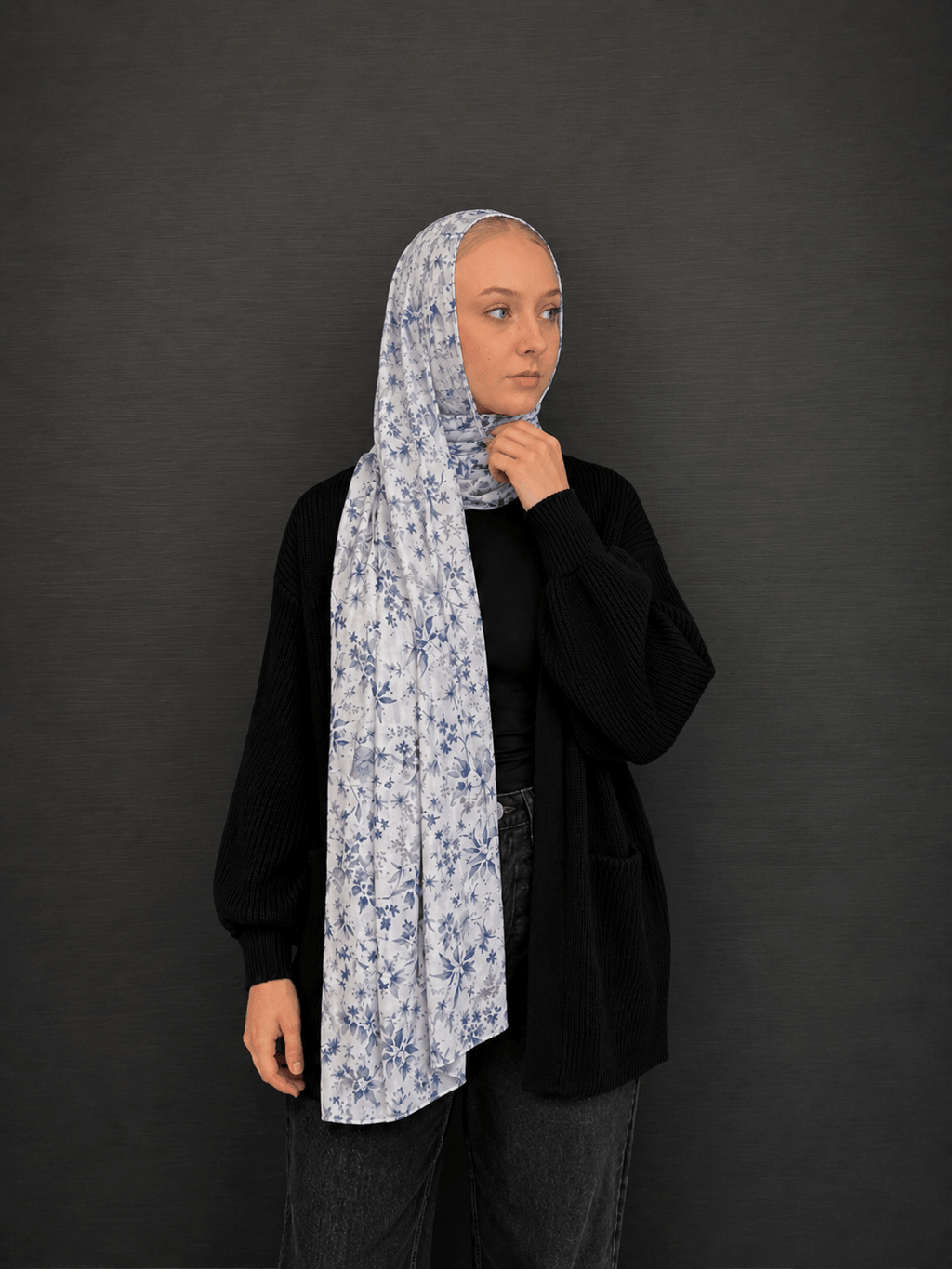 RY407 Blue Botanical Mercerized Cotton Hijab – Bohemian Lightweight Scarf - Raya