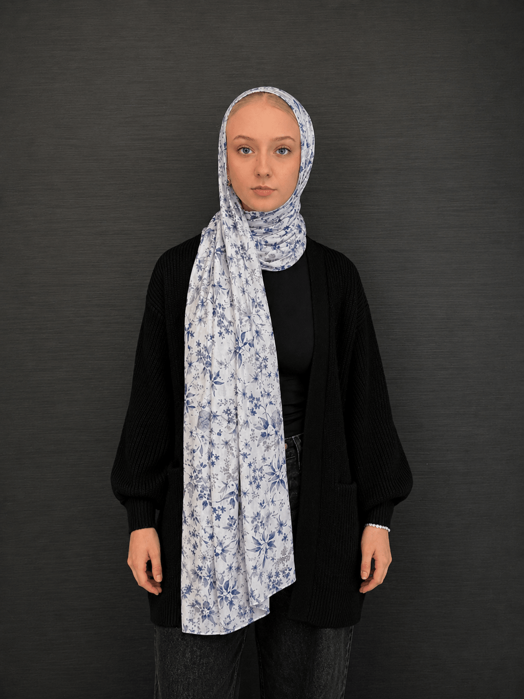 RY407 Blue Botanical Mercerized Cotton Hijab – Bohemian Lightweight Scarf - Raya