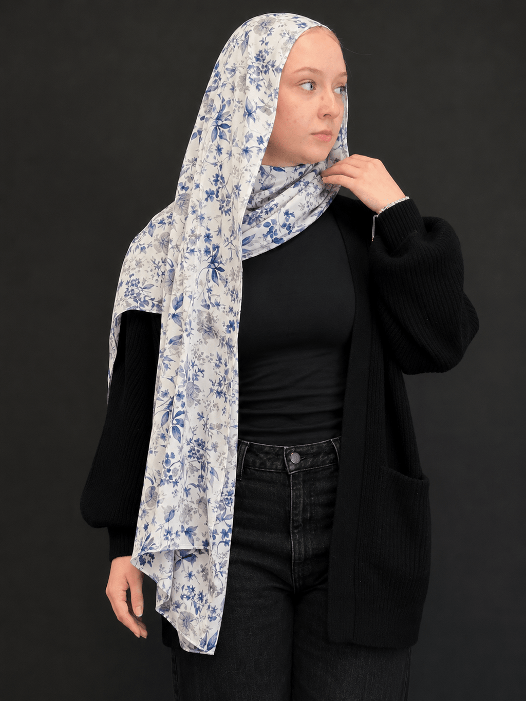 RY407 Blue Botanical Mercerized Cotton Hijab – Bohemian Lightweight Scarf - Raya