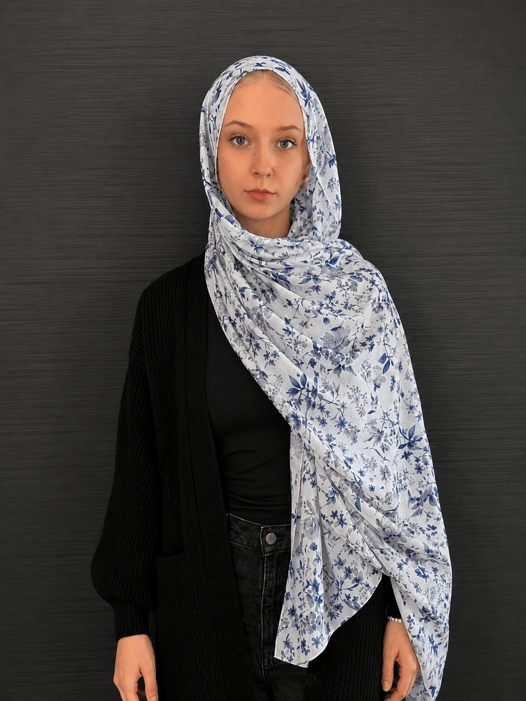 RY407 Blue Botanical Mercerized Cotton Hijab – Bohemian Lightweight Scarf - Raya