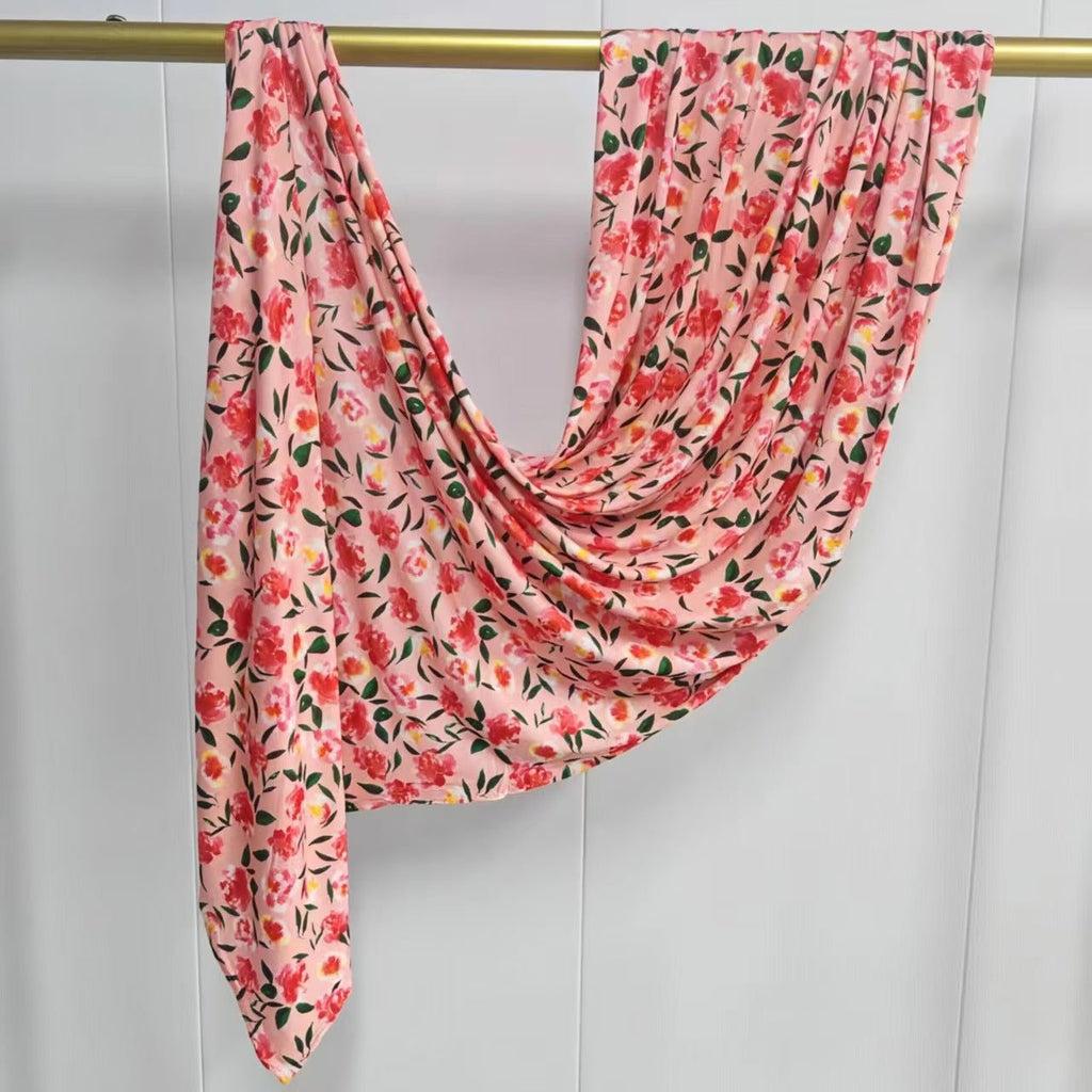 RY410 Pink Floral Mercerized Cotton Jersey Hijab – Soft Bohemian Scarf - Raya