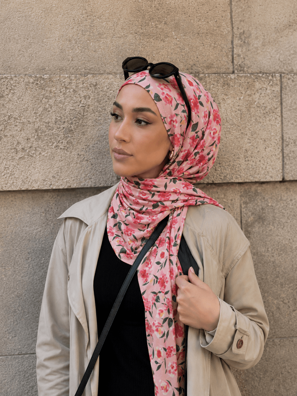 RY410 Pink Floral Mercerized Cotton Jersey Hijab – Soft Bohemian Scarf - Raya