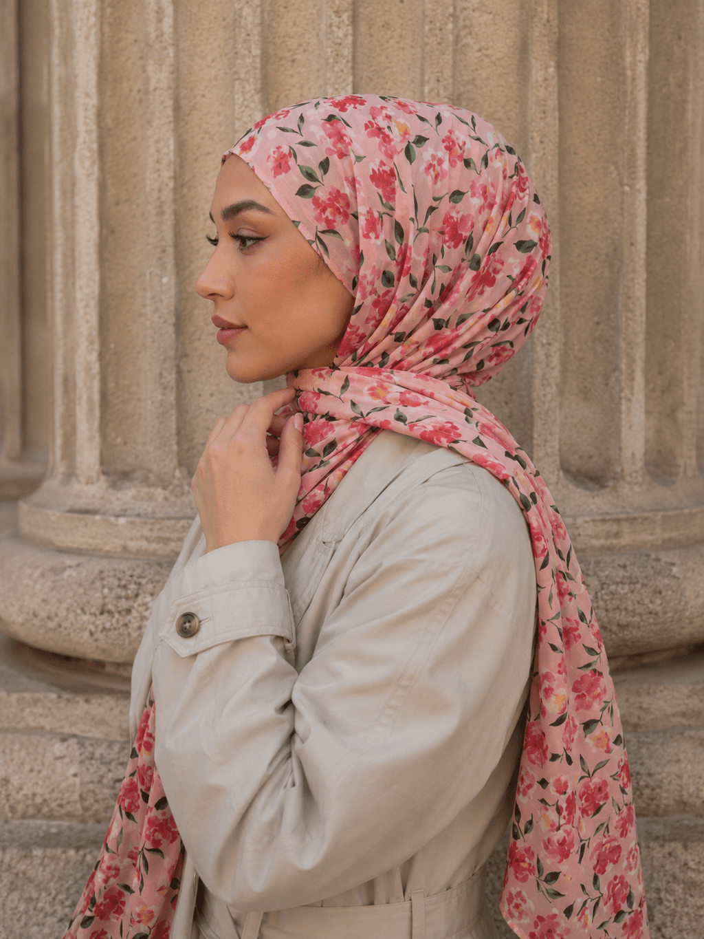 RY410 Pink Floral Mercerized Cotton Jersey Hijab – Soft Bohemian Scarf - Raya