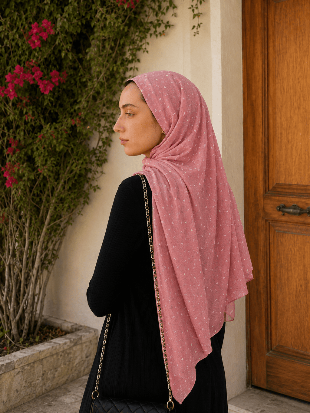 RY411 Coral Pink Heart Print Mercerized Cotton Jersey Hijab – Soft Stretch Scarf - Raya