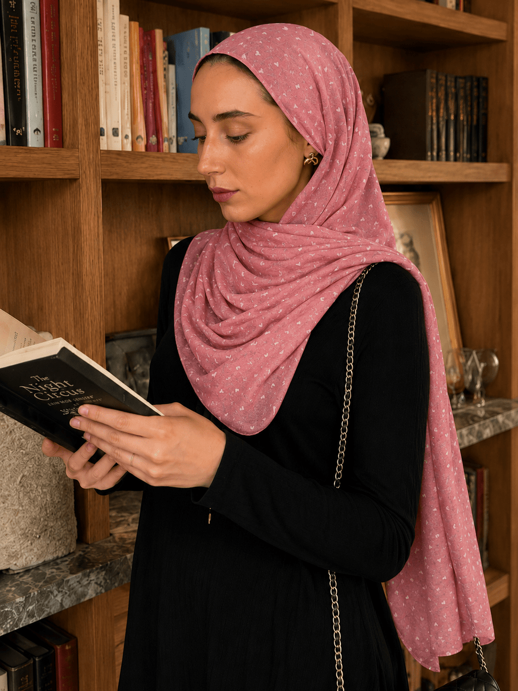 RY411 Coral Pink Heart Print Mercerized Cotton Jersey Hijab – Soft Stretch Scarf - Raya