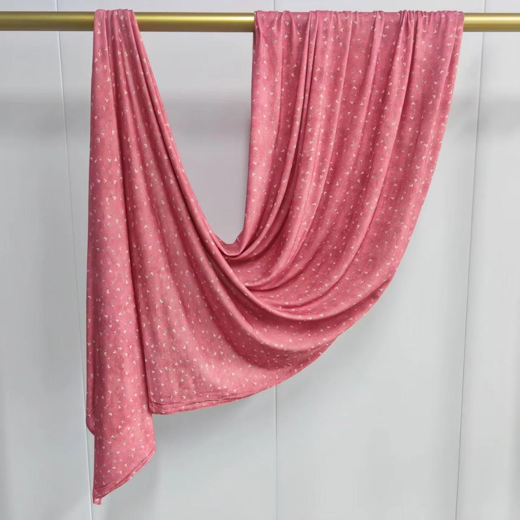 RY411 Coral Pink Heart Print Mercerized Cotton Jersey Hijab – Soft Stretch Scarf - Raya