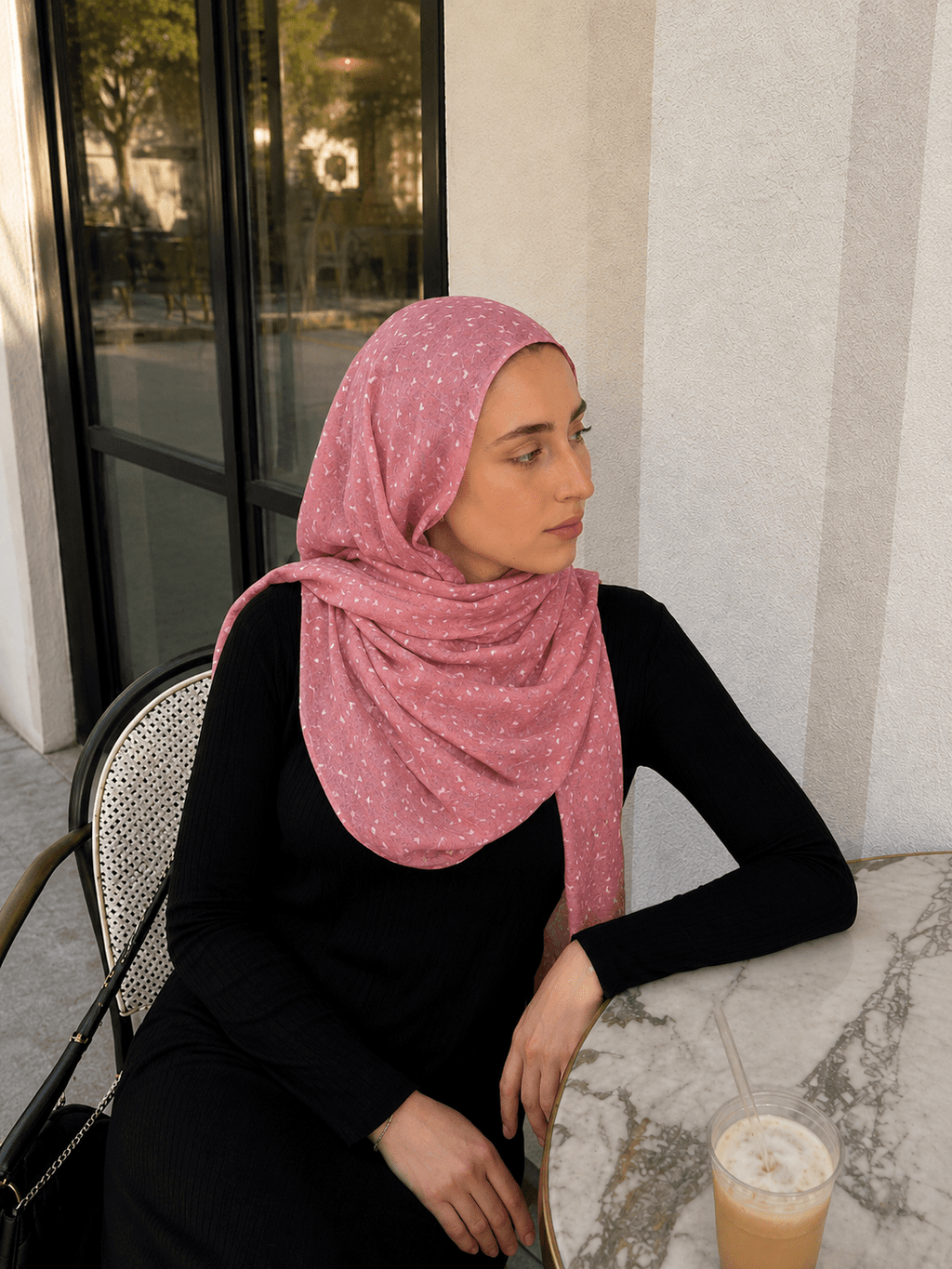 RY411 Coral Pink Heart Print Mercerized Cotton Jersey Hijab – Soft Stretch Scarf - Raya