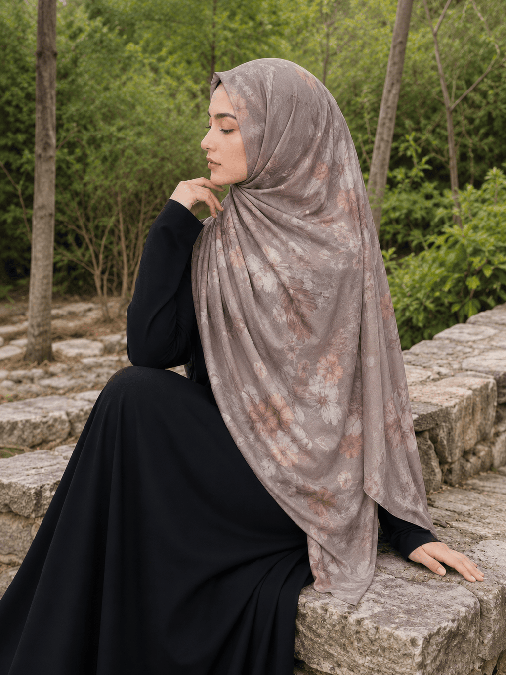 RY412 Taupe Marble Mercerized Cotton Jersey Hijab – Soft Bohemian Scarf - Raya
