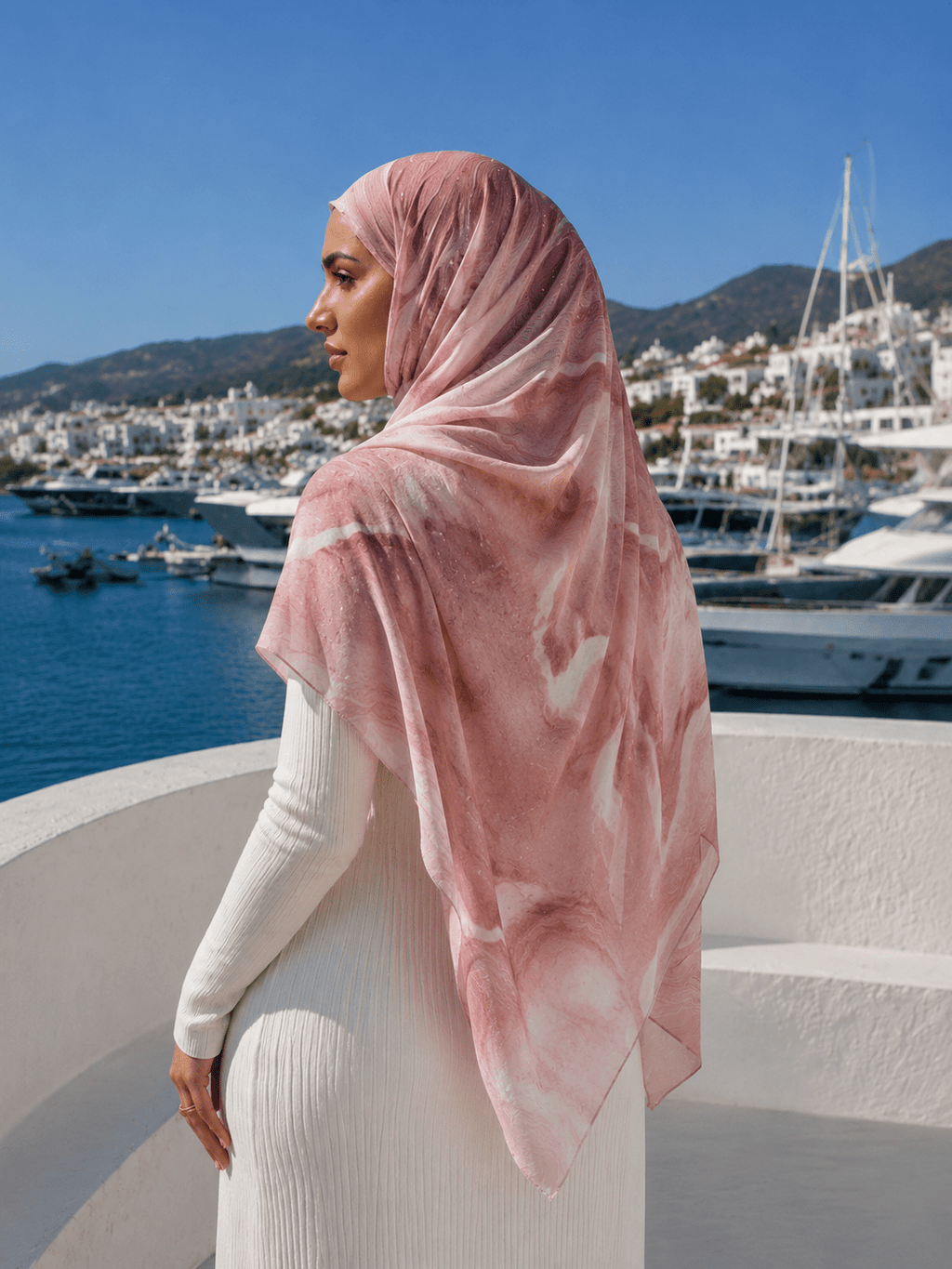RY415 Blush Rose Marble Mercerized Cotton Jersey Hijab – Soft Stretch Scarf - Raya