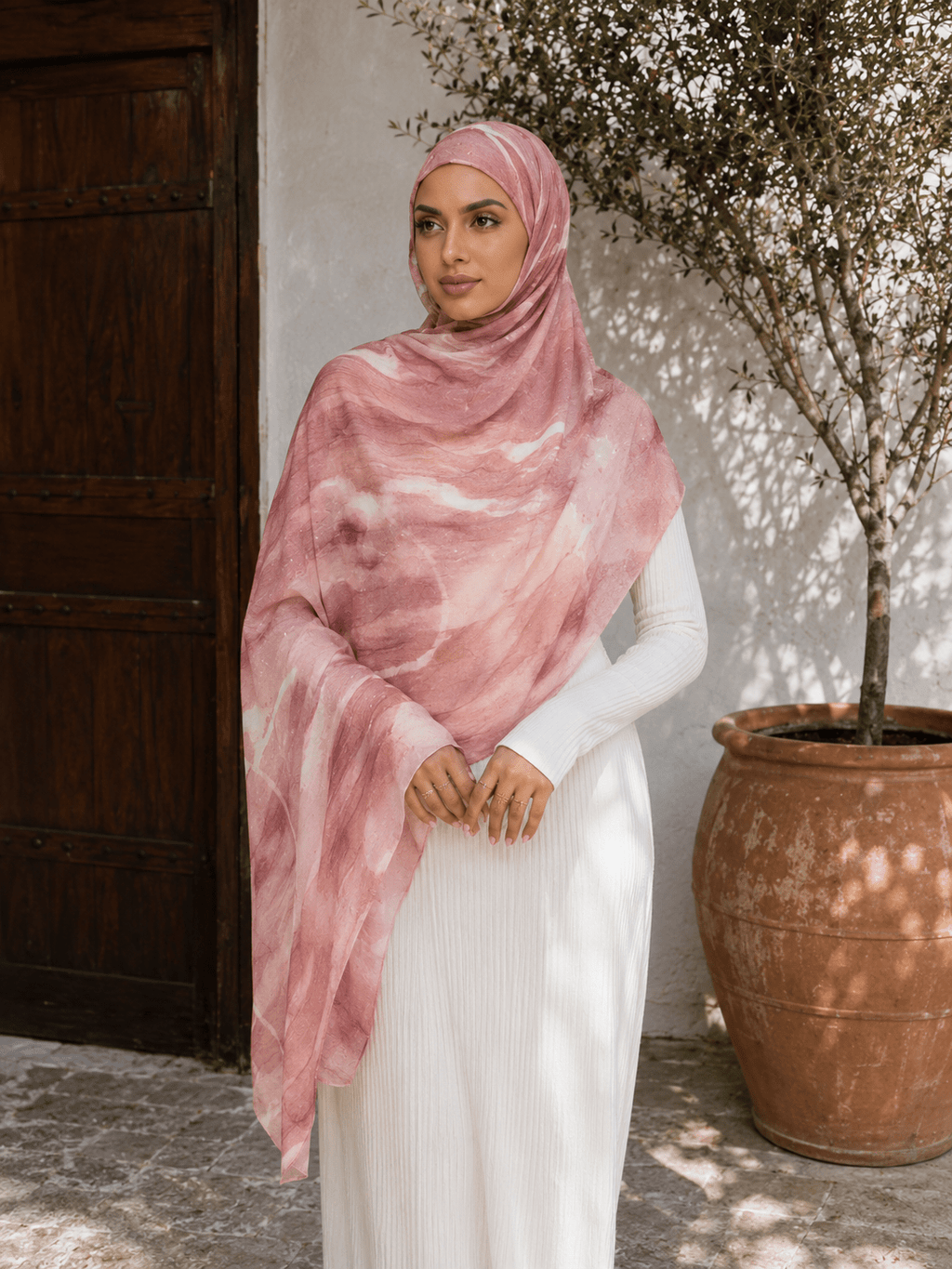 RY415 Blush Rose Marble Mercerized Cotton Jersey Hijab – Soft Stretch Scarf - Raya
