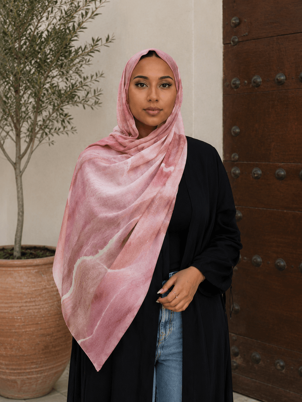 RY415 Blush Rose Marble Mercerized Cotton Jersey Hijab – Soft Stretch Scarf - Raya
