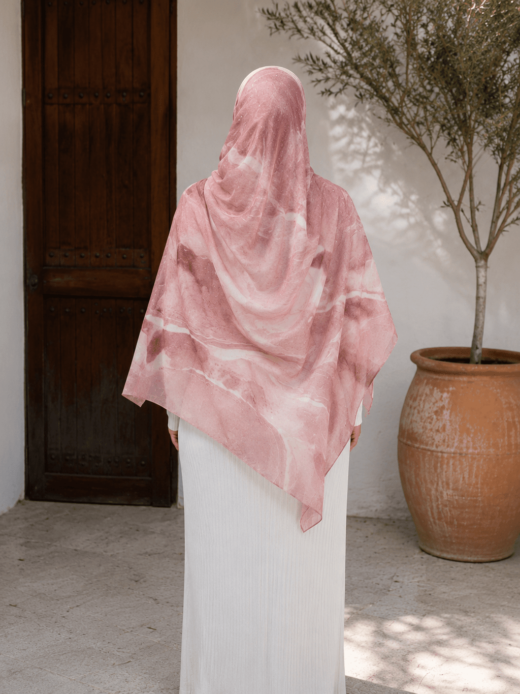 RY415 Blush Rose Marble Mercerized Cotton Jersey Hijab – Soft Stretch Scarf - Raya