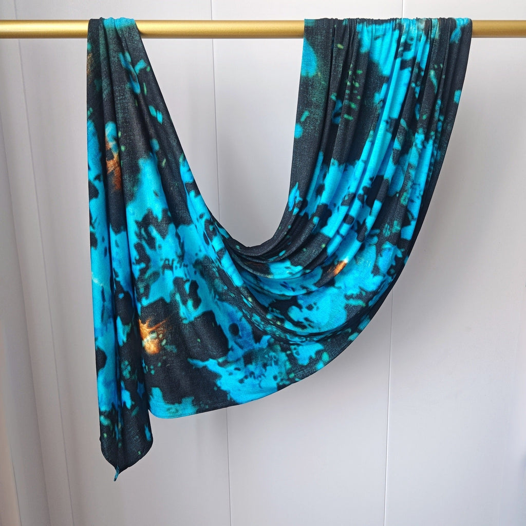 RY416 Turquoise Black Marble Mercerized Cotton Jersey Hijab – Soft Stretch Scarf - Raya