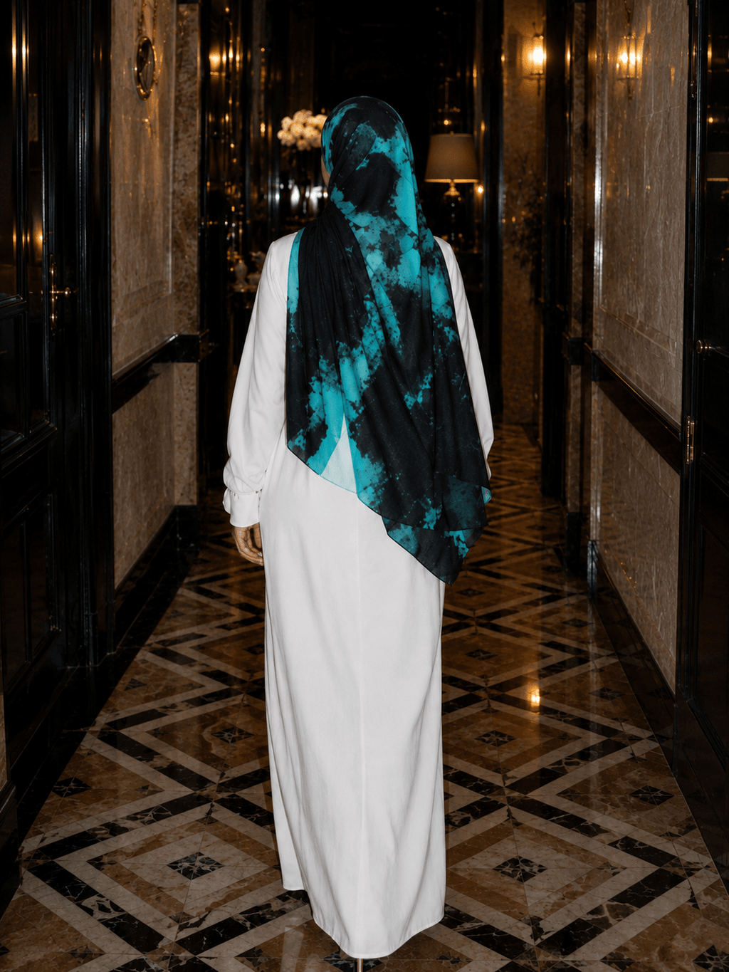 RY416 Turquoise Black Marble Mercerized Cotton Jersey Hijab – Soft Stretch Scarf - Raya