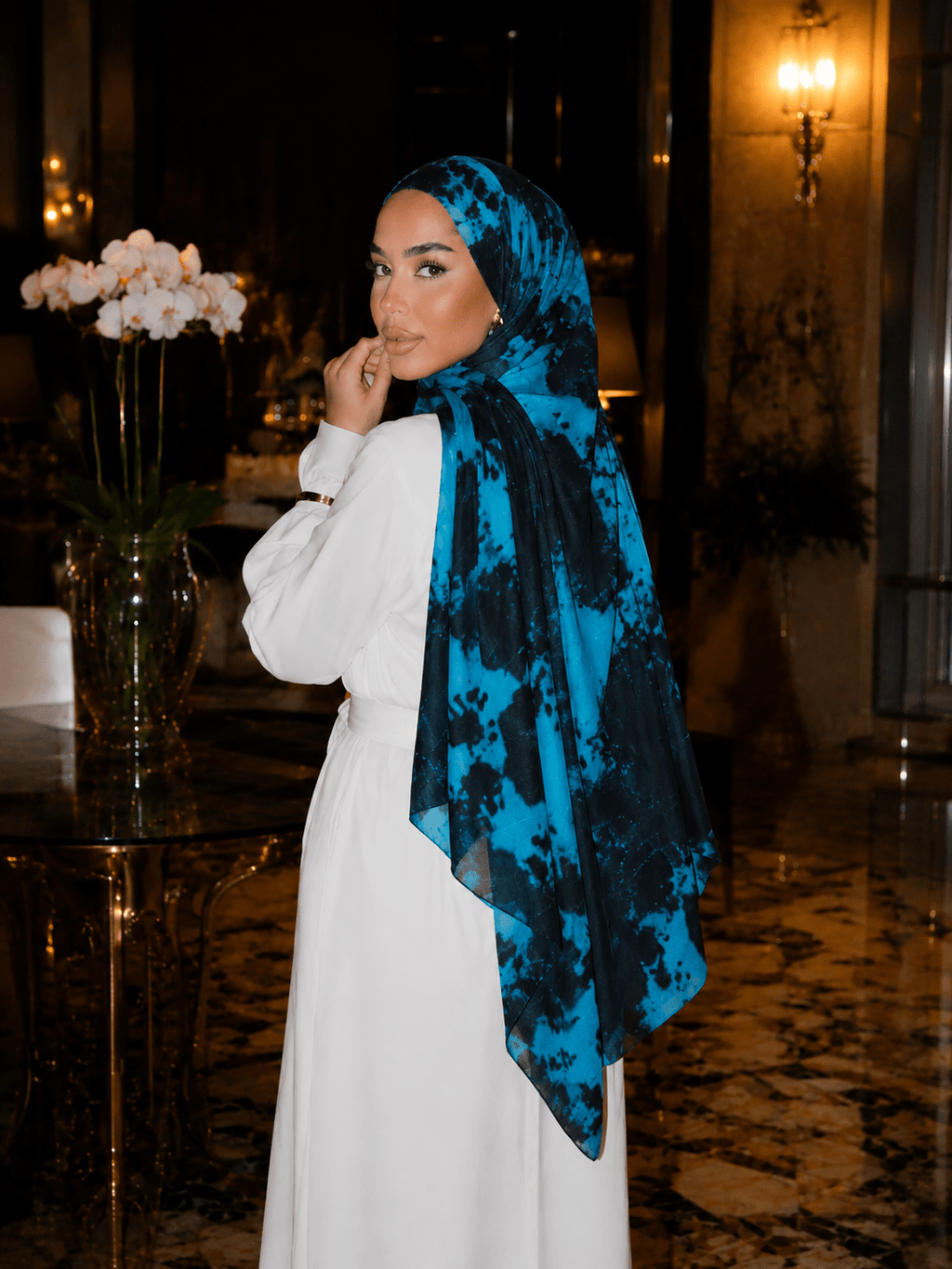 RY416 Turquoise Black Marble Mercerized Cotton Jersey Hijab – Soft Stretch Scarf - Raya