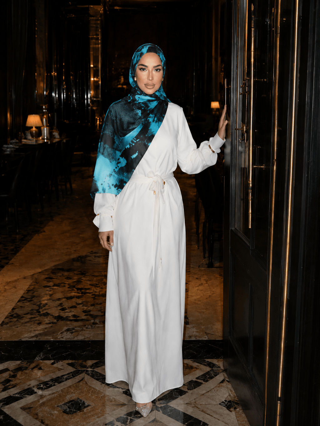 RY416 Turquoise Black Marble Mercerized Cotton Jersey Hijab – Soft Stretch Scarf - Raya