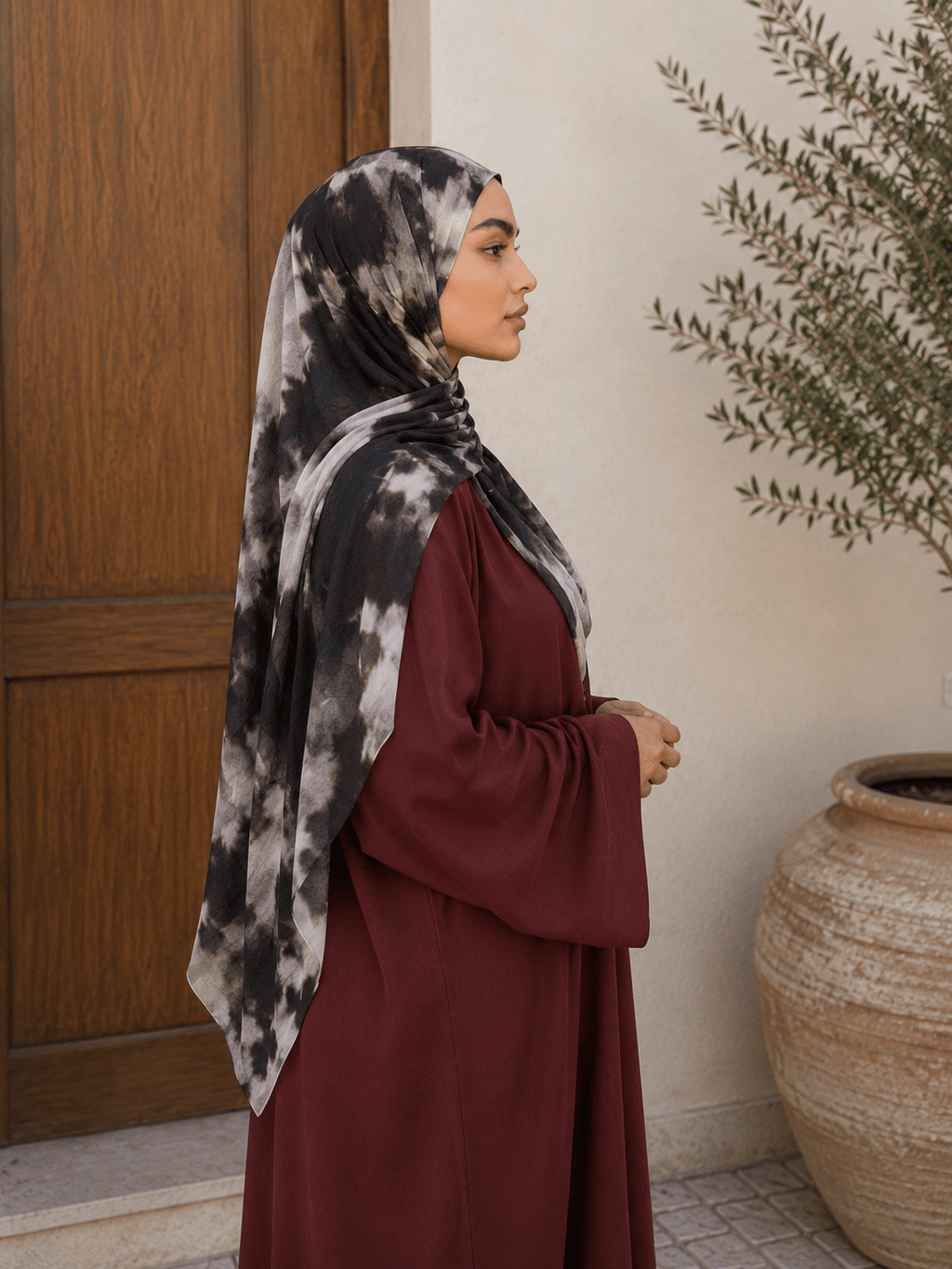 RY417 Black Marble Mercerized Cotton Jersey Hijab – Soft Stretch Scarf - Raya