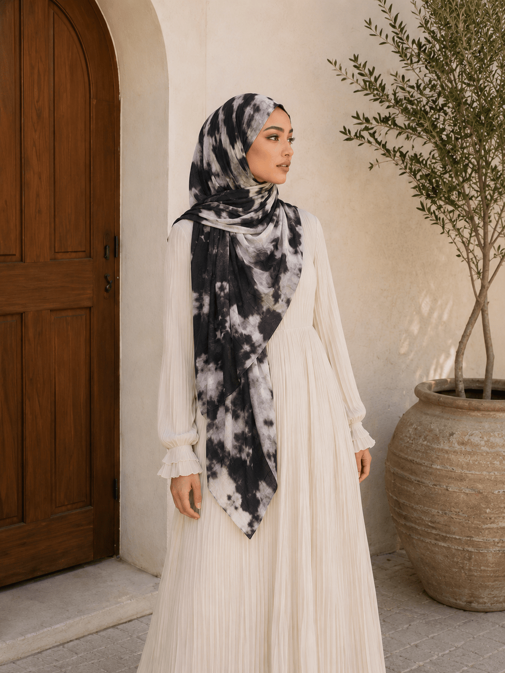 RY417 Black Marble Mercerized Cotton Jersey Hijab – Soft Stretch Scarf - Raya