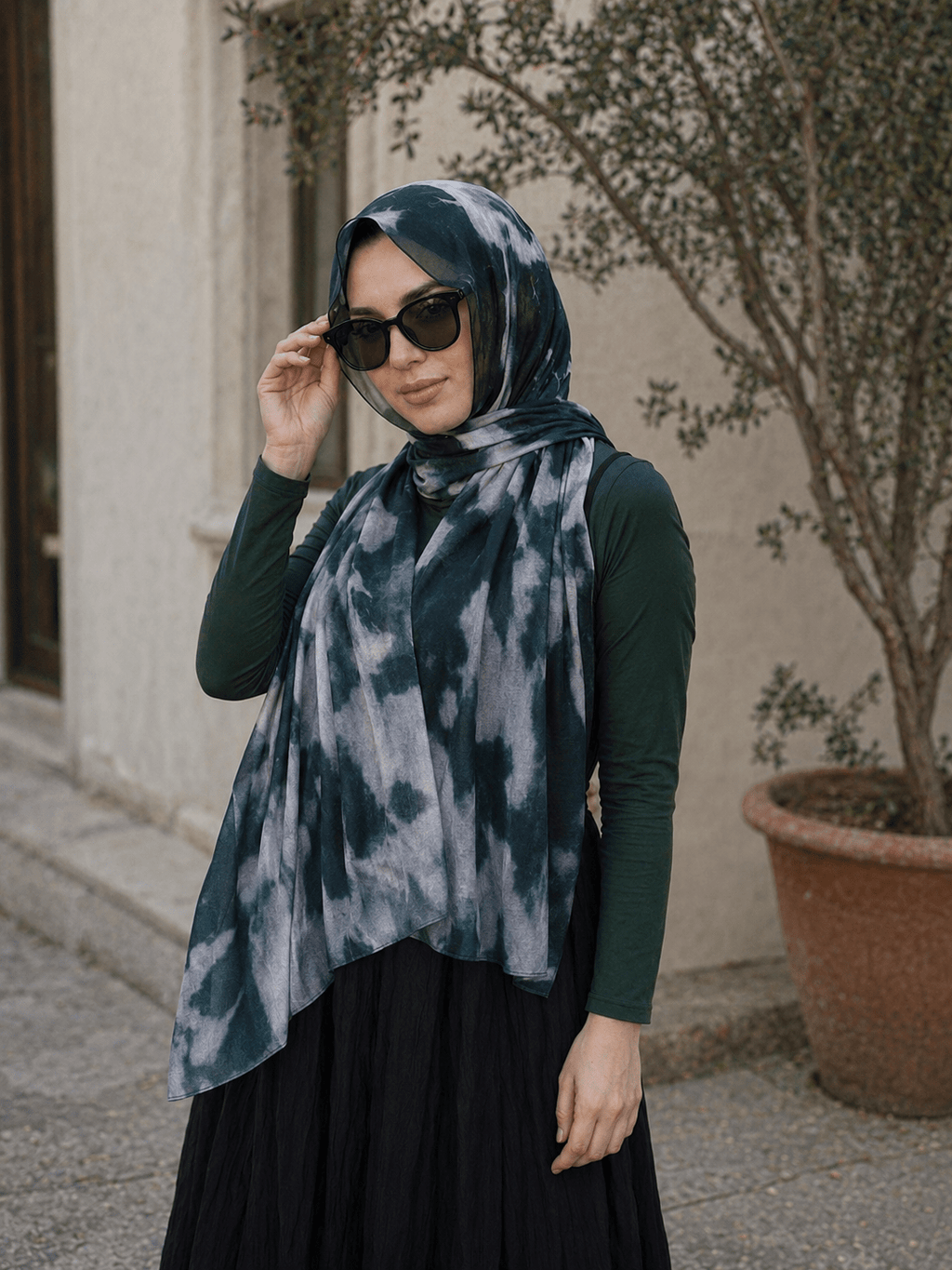 RY418 Dark Teal Gray Marble Mercerized Cotton Jersey Hijab – Soft Stretch Scarf - Raya