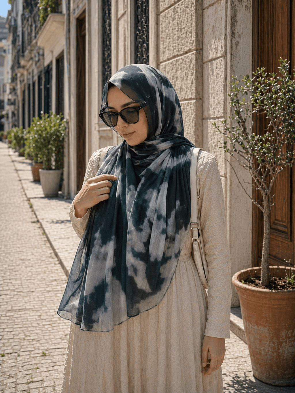 RY418 Dark Teal Gray Marble Mercerized Cotton Jersey Hijab – Soft Stretch Scarf - Raya