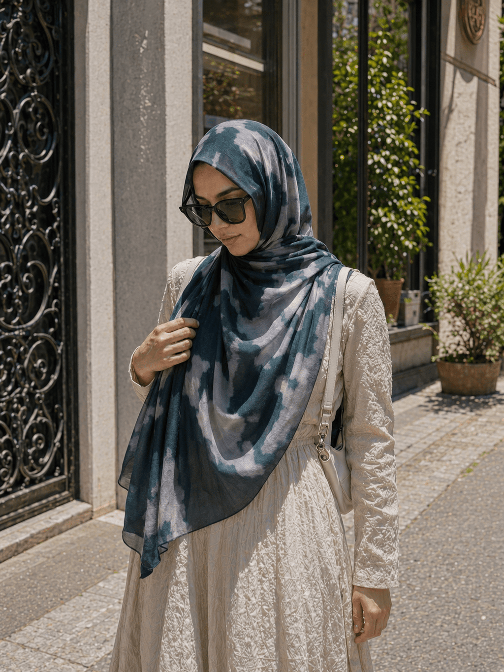 RY418 Dark Teal Gray Marble Mercerized Cotton Jersey Hijab – Soft Stretch Scarf - Raya
